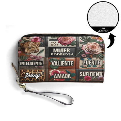 Yo Soy Mujer Poderosa Inteligente Valiente - Personalized Leather Clutch Purse LEO02C