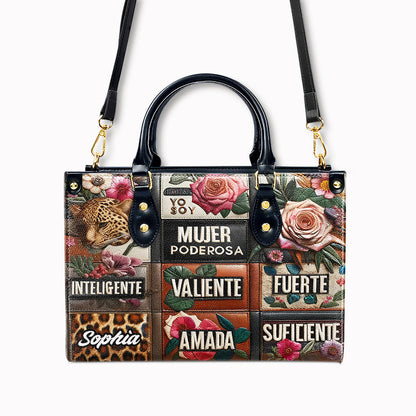 Leopard Yo Soy Mujer Poderosa Inteligente Valiente - Personalized Leather Handbag LEO02 - OpulentPurse